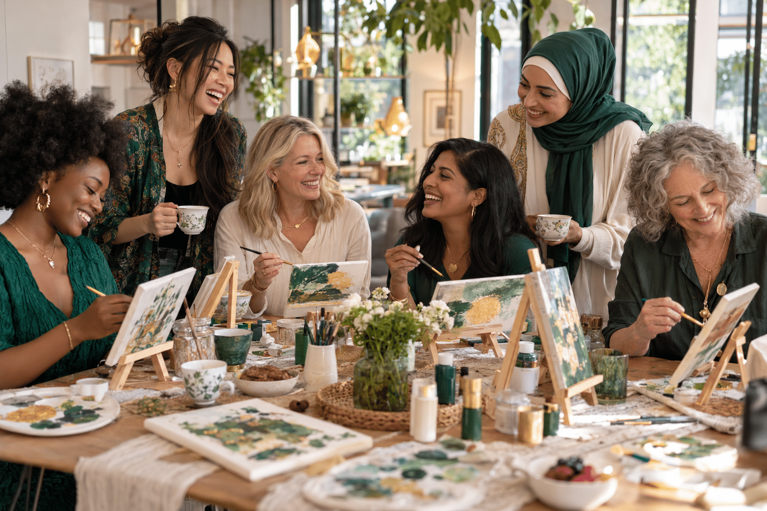 Women enjoying painting and sharing tea together